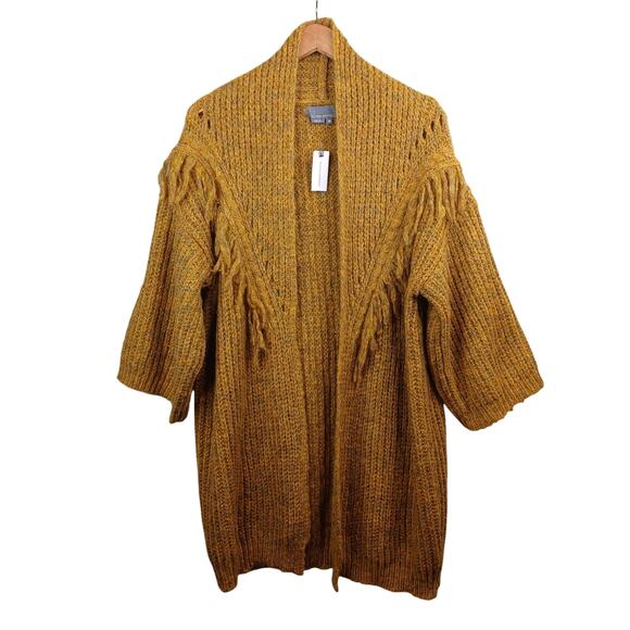 Anthropologie Stevie Boho Fringe Cardigan Sweater Mustard Chunky Oversized OS - Picture 5 of 12
